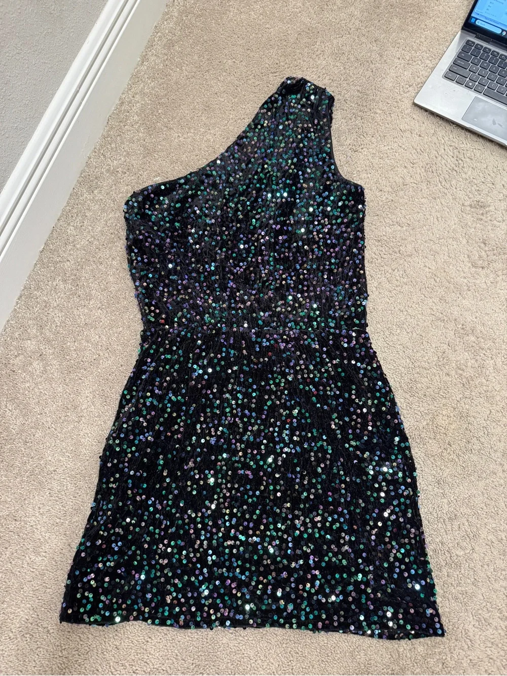 Black One-Shoulder Sequin Mini Dress